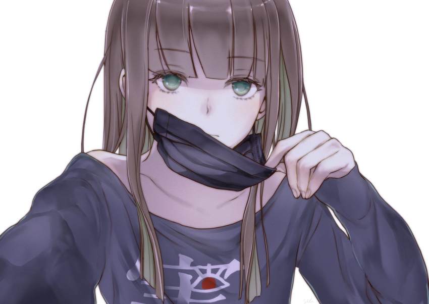 1boy artist_request bangs bare_shoulders black_shirt brown_hair closed_mouth crossdressing green_eyes gretel_(sinoalice) hair_between_eyes highres holding long_hair looking_at_viewer male_focus mask mouth_mask otoko_no_ko reality_arc_(sinoalice) shirt simple_background sinoalice solo white_background