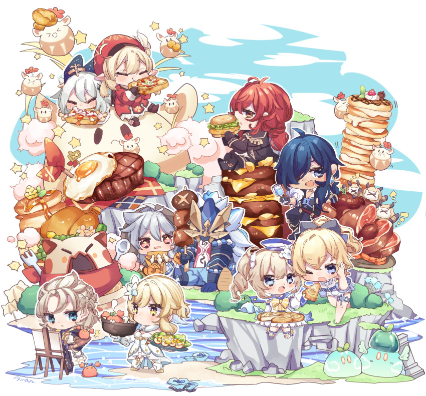 4boys 5girls absurdres ahoge albedo_(genshin_impact) automaton_(object) bangs barbara_(genshin_impact) barbara_(summertime_sparkle)_(genshin_impact) black_hair blonde_hair blue_eyes brown_hair burger cabbie_hat chibi chicken-mushroom_skewer_(genshin_impact) chicken_(food) clover_print commentary_request diluc_(genshin_impact) drill_hair eating eyebrows_visible_through_hair eyepatch fisherman's_toast_(genshin_impact) fishy_toast_(genshin_impact) flower food fork fried_egg full_body genshin_impact hair_between_eyes hair_flower hair_ornament hat hat_feather hat_ornament highres holding holding_food iran_stn jean_(genshin_impact) jean_(sea_breeze_dandelion)_(genshin_impact) jumpy_dumpty kaeya_(genshin_impact) klee_(genshin_impact) light_brown_hair lighter-than-air_pancake_(genshin_impact) long_hair long_sleeves looking_at_viewer low_ponytail low_twintails lumine_(genshin_impact) maguu_kenki_(genshin_impact) mechanical_halo multiple_boys multiple_girls outrider's_champion_steak!_(genshin_impact) paimon_(genshin_impact) pancake pizza ponytail razor_(genshin_impact) red_eyes red_hair short_hair short_hair_with_long_locks sidelocks sitting skewer steak sticky_honey_roast_(genshin_impact) sunny_side_up_egg sweet_madame_(genshin_impact) toast twin_drills twintails yellow_eyes