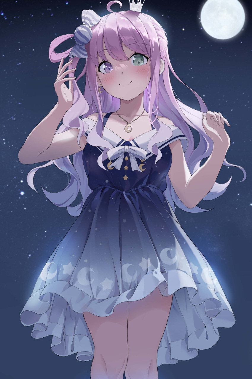 1girl absurdres ahoge bangs blush bow candy_hair_ornament collarbone crown dress earrings eyebrows_visible_through_hair fingernails food-themed_hair_ornament frilled_dress frills full_moon gradient_hair green_eyes hair_ornament hair_rings heterochromia highres himemori_luna hololive jewelry kiro_(kirotayu) long_fingernails long_hair looking_at_viewer mini_crown moon multicolored_hair night night_sky one_side_up outdoors pink_hair princess purple_eyes purple_hair ribbon sky smile solo virtual_youtuber wavy_hair