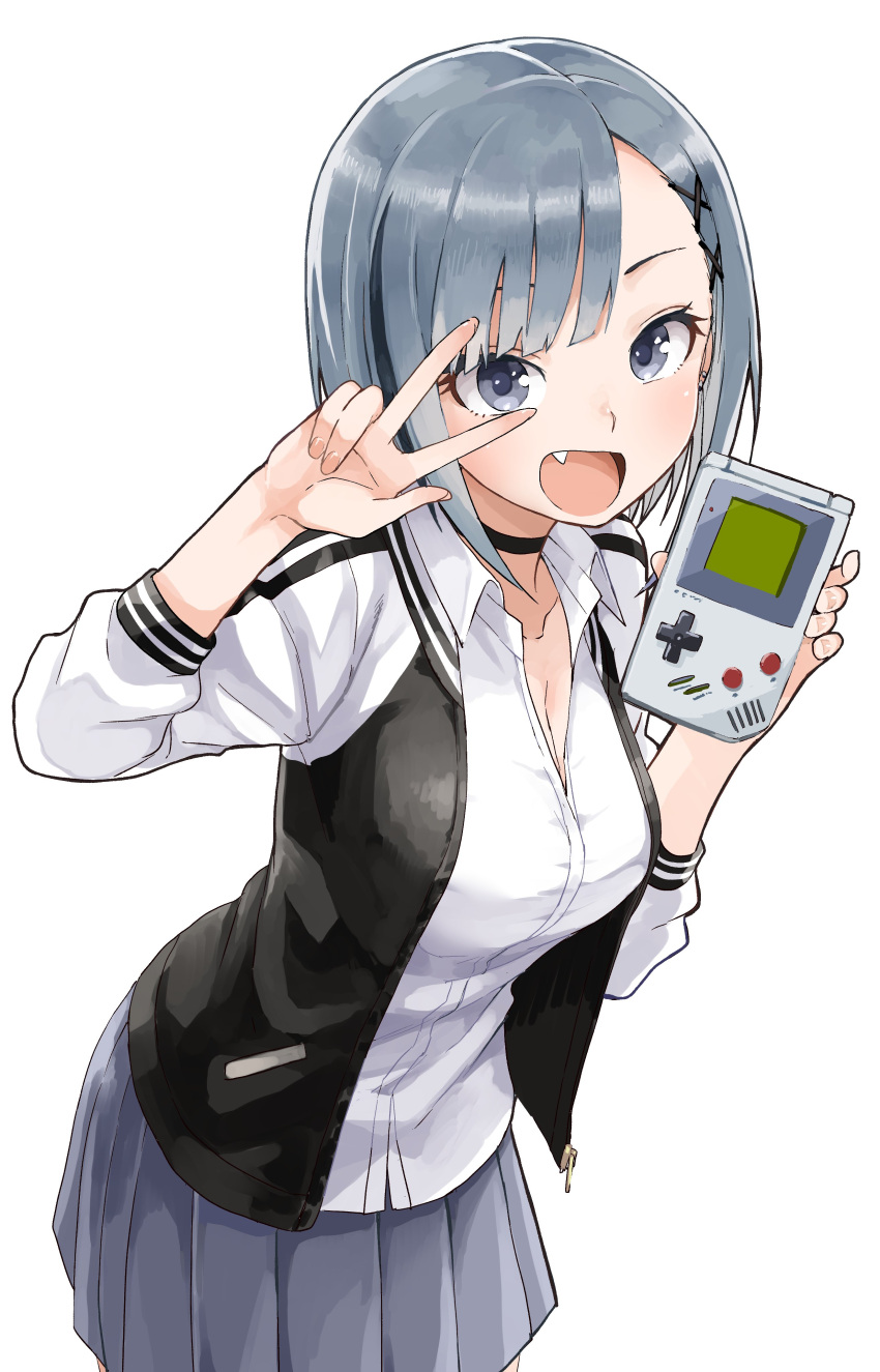 1girl :d absurdres bangs black_choker black_hair black_jacket breasts choker cleavage collarbone collared_shirt commentary_request dress_shirt eyebrows_behind_hair fang game_boy grey_eyes grey_hair grey_skirt hair_ornament hand_up handheld_game_console highres holding jacket kimi_to_picopico letterman_jacket long_sleeves looking_at_viewer medium_breasts multicolored_hair onisaki_ageha open_clothes open_jacket open_mouth pleated_skirt shirt simple_background skirt smile solo streaked_hair v_over_eye white_background white_shirt x_hair_ornament yamamoto_souichirou