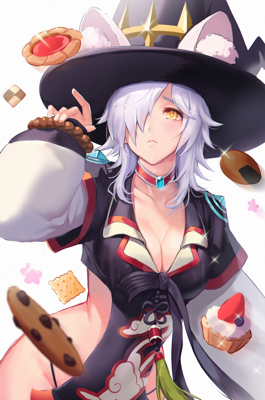 1girl absurdres animal_ears bangs black_headwear black_panties black_shirt blueberry breasts cat_ears checkerboard_cookie chinese_commentary choker cleavage closed_mouth commentary_request cookie cowboy_shot cracker crop_top food fruit hair_between_eyes hair_over_one_eye hat highleg highleg_panties highres large_breasts layered_sleeves long_sleeves medium_hair panties pastry ragnarok_online sanonorekurlo senbei shirt short_over_long_sleeves short_sleeves simple_background solo soul_reaper_(ragnarok_online) strawberry tabard tassel underwear white_background white_hair witch_hat yellow_eyes