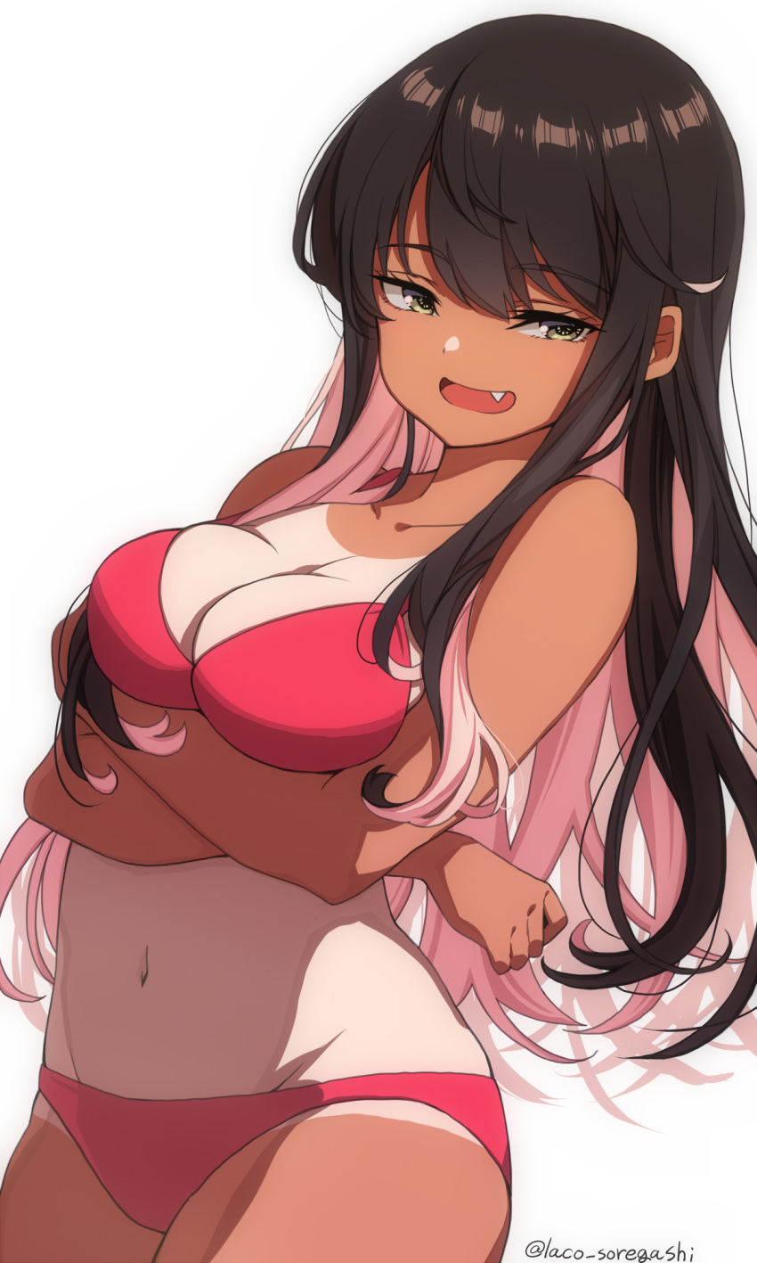 1girl arms_under_breasts bangs bikini black_hair breasts cleavage crossed_arms fang hair_between_eyes highres kantai_collection laco_soregashi long_hair medium_breasts multicolored_hair naganami_(kancolle) one-piece_tan open_mouth pink_bikini pink_hair simple_background solo swimsuit tan tanlines twitter_username white_background yellow_eyes