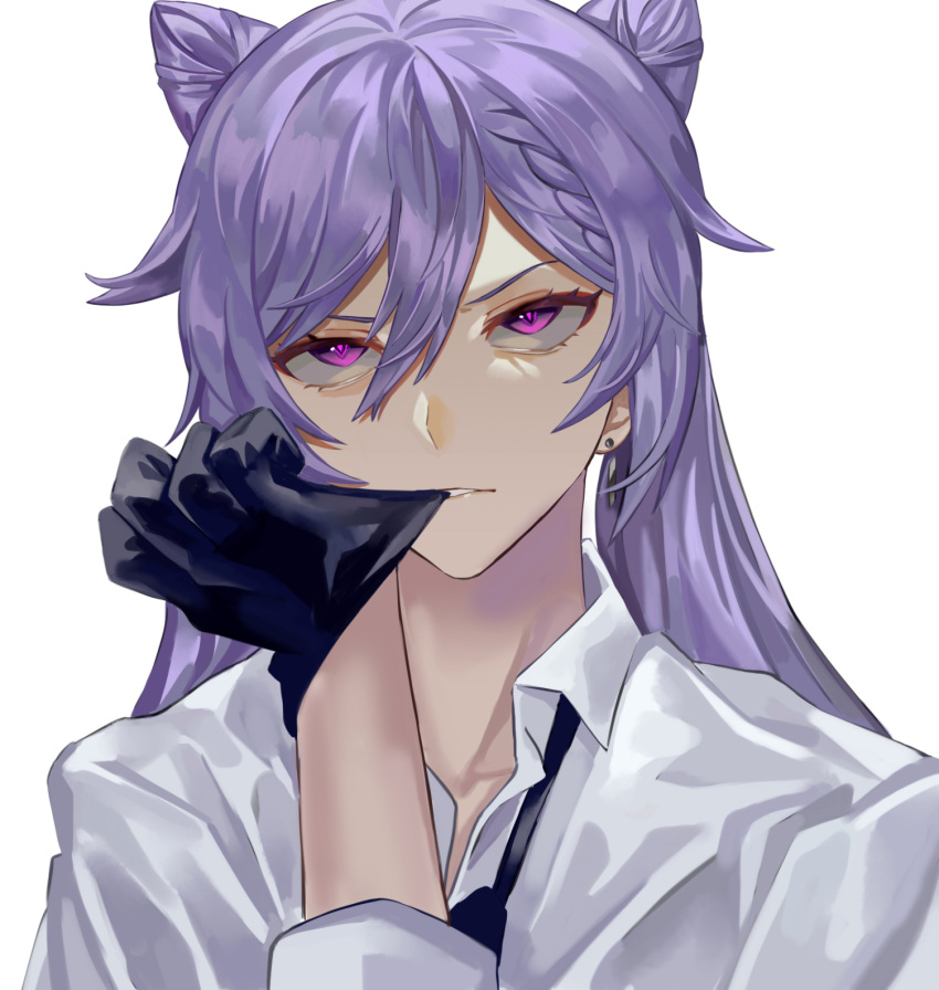 1girl bangs biting black_gloves braid collared_shirt commentary double_bun earrings english_commentary formal genshin_impact glove_biting gloves hair_cones highres jewelry keqing_(genshin_impact) long_hair long_sleeves necktie open_mouth purple_eyes purple_hair reki_(user_rcrd4534) shirt simple_background solo suit white_background white_shirt