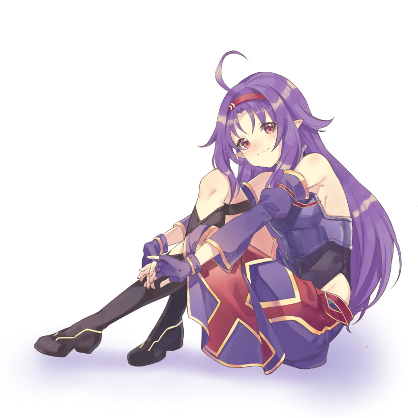 1girl ahoge armor bangs bare_shoulders blush boots breastplate breasts detached_sleeves eyebrows_visible_through_hair fingerless_gloves fingers_together from_side full_body gloves hairband highres hozumi_rino long_hair looking_at_viewer parted_bangs pointy_ears purple_hair red_eyes red_hairband shiny shiny_hair side_slit sitting small_breasts solo sword_art_online very_long_hair white_background yuuki_(sao)