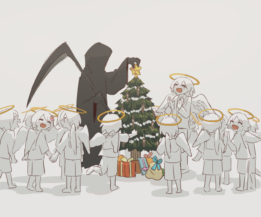 6+boys :d ^_^ absurdres angel angel_wings avogado6 christmas_gift closed_eyes colored_skin commentary feathered_wings gift halo highres holding holding_hands holding_scythe jacket medium_hair multiple_boys open_mouth original red_eyes scythe simple_background smile white_background white_hair white_jacket white_skin white_wings wings