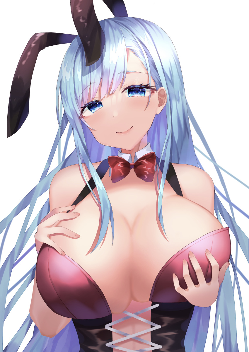 1girl absurdres animal_ears azur_lane bare_shoulders blue_eyes blue_hair bow breast_lift breasts cleavage detached_collar fake_animal_ears hand_on_own_chest highres huge_breasts leotard long_hair looking_at_viewer official_alternate_costume playboy_bunny purple_leotard rabbit_ears red_bow simple_background sino_rameko solo strapless strapless_leotard ticonderoga_(azur_lane) ticonderoga_(show_stopper!)_(azur_lane) upper_body white_background