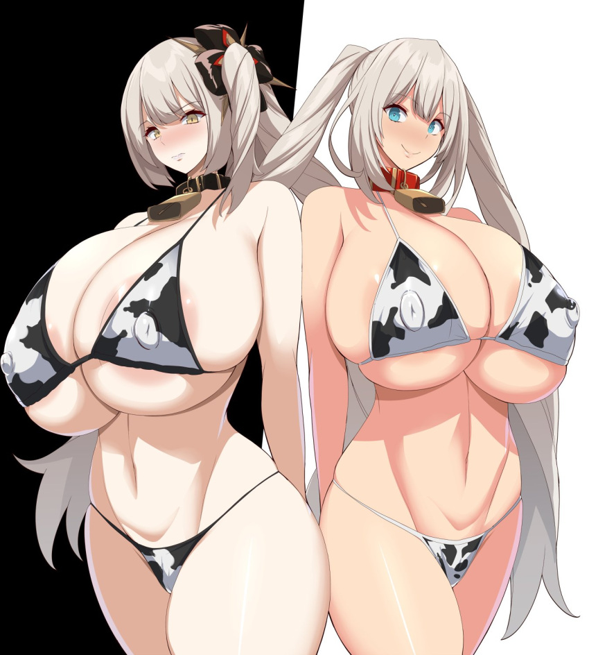 2girls animal_print areolae bell blue_eyes blush breasts collar commentary_request commission covered_nipples cow_print cowbell dual_persona fate/grand_order fate_(series) gigantic_breasts highres kloah long_hair marie_antoinette_(alter)_(fate) marie_antoinette_(fate) multiple_girls platinum_blonde_hair side_ponytail skeb_commission smile twintails very_long_hair yellow_eyes