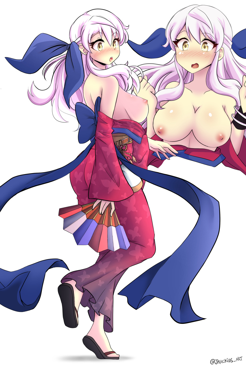 1girl absurdres alternate_costume animal_print ass bangs bare_shoulders blush bow breasts breasts_outside butterfly_print collarbone embarrassed fire_emblem fire_emblem:_radiant_dawn fire_emblem_heroes hair_bow half_updo hand_fan highres holding holding_fan japanese_clothes jarckius kimono kimono_pull large_breasts long_hair long_sleeves looking_at_viewer micaiah_(fire_emblem) multiple_views nipples obi official_alternate_costume open_clothes open_mouth sandals sash silver_hair simple_background smile sweat twitter_username white_background wide_sleeves yellow_eyes yukata