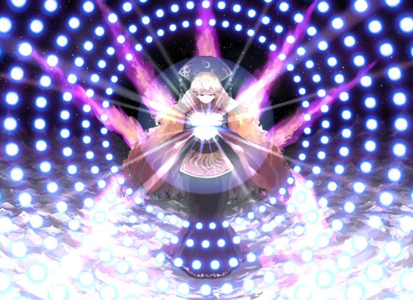 1girl bangs belt black_belt black_dress black_headwear blonde_hair bow check_commentary chinese_clothes closed_mouth commentary commentary_request crescent danmaku dress energy hands_up hat junko_(touhou) legacy_of_lunatic_kingdom light long_hair long_sleeves night night_sky ocean pom_pom_(clothes) red_eyes red_vest shadow sky smile solo spell_card star_(sky) starry_sky sunyup touhou vest water wide_sleeves yellow_bow yellow_neckwear