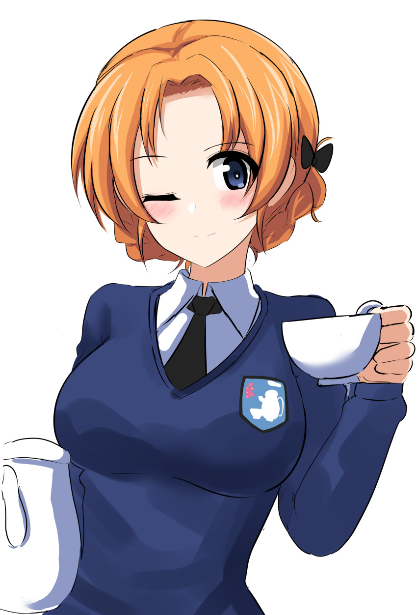 1girl ;) absurdres aikir_(jml5160) bangs black_bow black_neckwear blue_eyes blue_sweater bow braid closed_mouth commentary cup dress_shirt emblem girls_und_panzer hair_bow highres holding holding_cup holding_teapot long_sleeves looking_at_viewer necktie one_eye_closed orange_hair orange_pekoe_(girls_und_panzer) parted_bangs school_uniform shirt short_hair simple_background smile solo st._gloriana's_(emblem) st._gloriana's_school_uniform sweater teacup teapot tied_hair twin_braids upper_body v-neck white_background white_shirt wing_collar