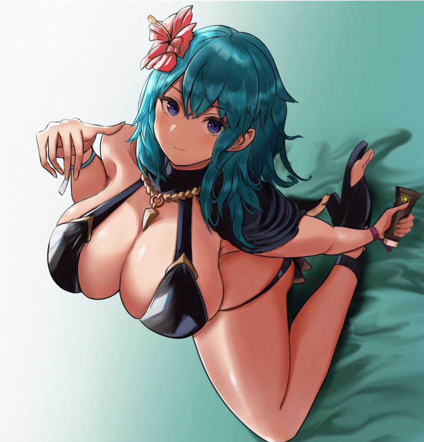 1girl alternate_costume aqua_hair bare_legs bed_sheet bikini black_bikini black_capelet black_footwear black_swimsuit blue_background blue_eyes blush breasts byleth_(fire_emblem) byleth_(fire_emblem)_(female) capelet cleavage closed_mouth commentary eyebrows_visible_through_hair fire_emblem fire_emblem:_three_houses fire_emblem_heroes flower from_above full_body gradient gradient_background grey_background hair_between_eyes hair_flower hair_ornament hibiscus high_heels highres inaba_(usanopo) jewelry kneeling large_breasts legs light_blue_hair long_hair looking_at_viewer lotion_bottle medium_hair official_alternate_costume pendant sandals skindentation smile solo swimsuit thighs toeless_footwear two-tone_background wristband