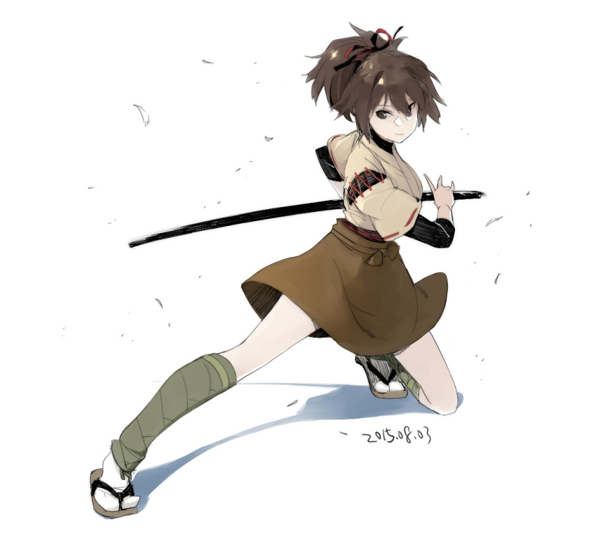 1girl bangs brown_eyes brown_hair brown_hakama chagen_kokimu closed_mouth dated hair_between_eyes hair_ribbon hakama hakama_skirt holding holding_sheath holding_sword holding_weapon ise_(kancolle) japanese_clothes kantai_collection katana one_knee ponytail ribbon ribbon-trimmed_sleeves ribbon_trim sandals sheath simple_background solo sword undershirt unsheathing weapon white_background