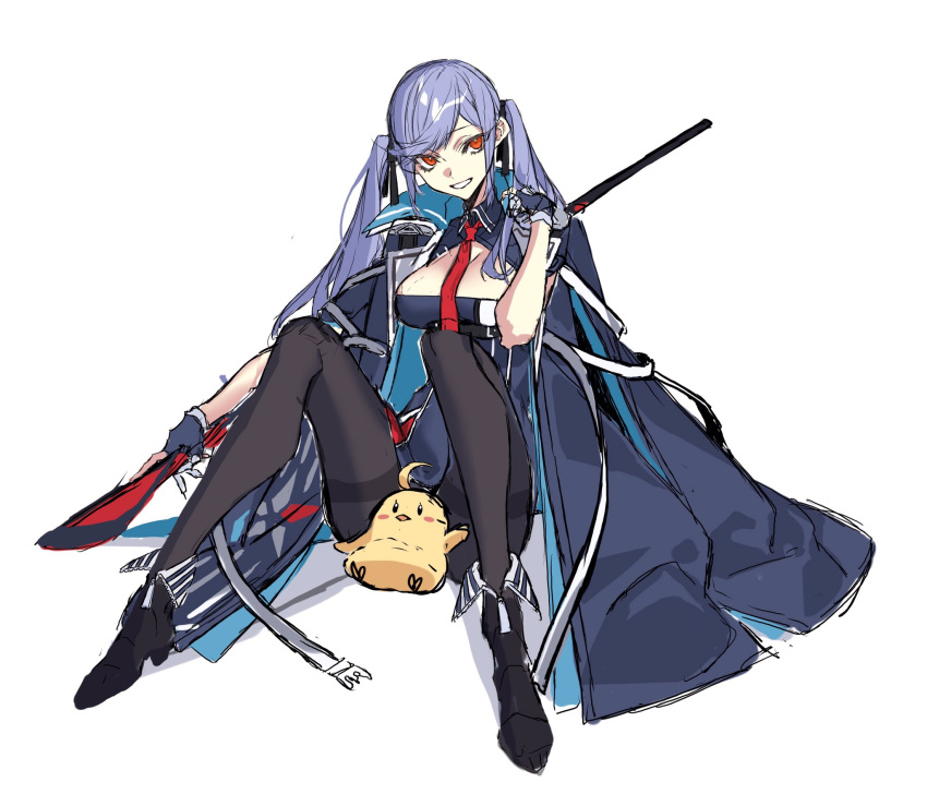 1girl ahoge azur_lane black_footwear black_ribbon blue_coat blue_gloves blush blush_stickers coat coat_on_shoulders essex_(azur_lane) eyelashes fingerless_gloves gloves hair_ribbon highres hoe-l holding holding_polearm holding_weapon light_blue_hair long_eyelashes long_hair necktie orange_eyes pantyhose parted_lips polearm red_neckwear ribbon shiny shiny_hair simple_background sitting sketch smile solo striped striped_footwear stuffed_animal stuffed_toy twintails weapon white_background zipper zipper_pull_tab