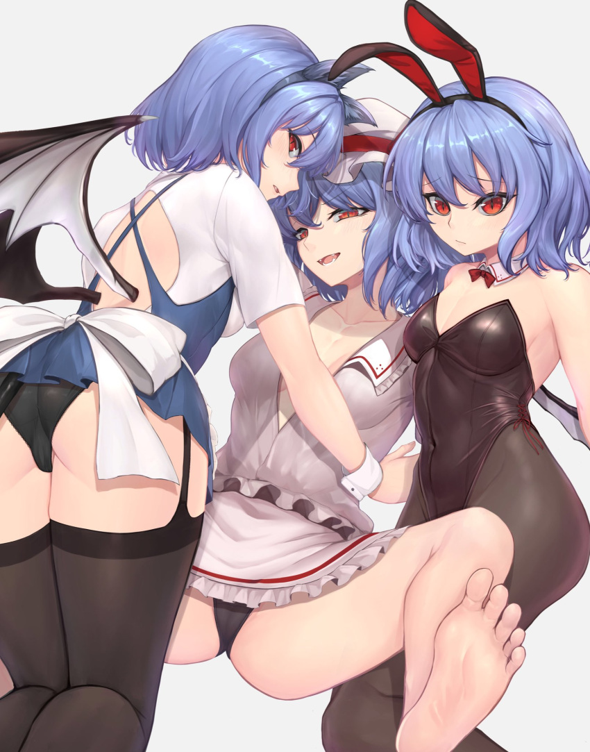 3girls alternate_costume animal_ears ass bare_back barefoot bat_wings black_leotard black_panties blue_hair breasts cleavage clone collarbone dog_ears dress dress_shirt feet frills garter_straps highres leotard maid miniskirt multiple_girls multiple_persona no_hat no_headwear no_pants open_clothes panties pantyhose pink_dress playboy_bunny puffy_short_sleeves puffy_sleeves rabbit_ears red_eyes remilia_scarlet sash shirt short_hair short_sleeves simple_background skirt slit_pupils smile soles strapless strapless_leotard sudako_(dai011305) thighhighs touhou underwear white_background white_shirt wings