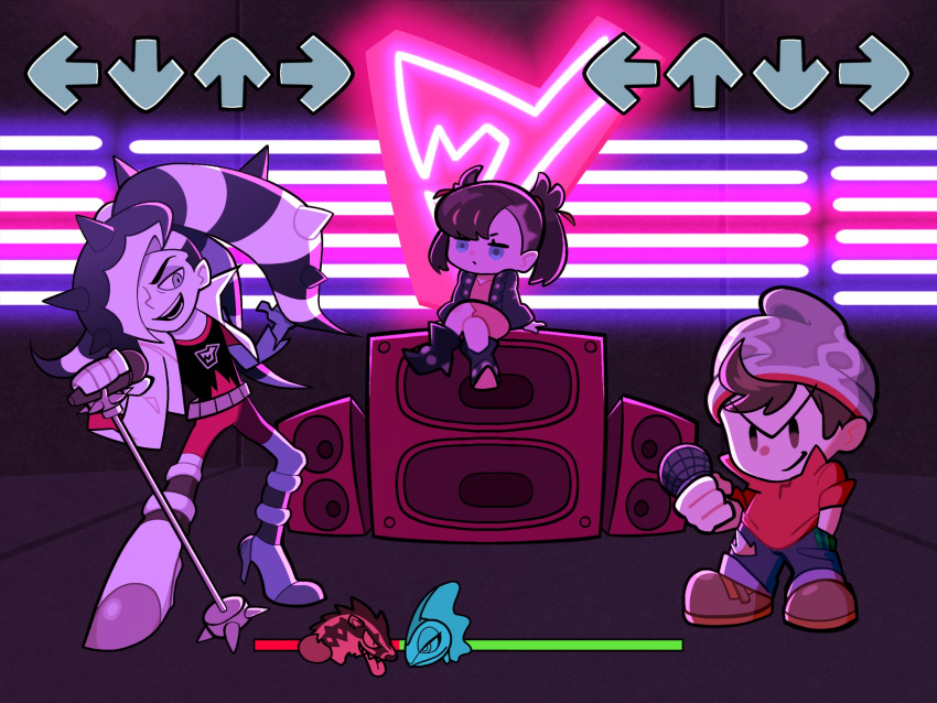 1girl 2boys beanie black_hair black_jacket brown_hair chibi commentary_request crossed_legs faceoff friday_night_funkin' gameplay_mechanics gen_8_pokemon gym_leader hat highres holding holding_microphone inteleon jacket looking_at_another marnie_(pokemon) microphone microphone_stand multicolored_hair multiple_boys obstagoon parody piers_(pokemon) pokemon pokemon_(game) pokemon_battle pokemon_swsh sitting speaker twintails two-tone_hair two_side_up victor_(pokemon) white_hair white_jacket yarkham_asylum