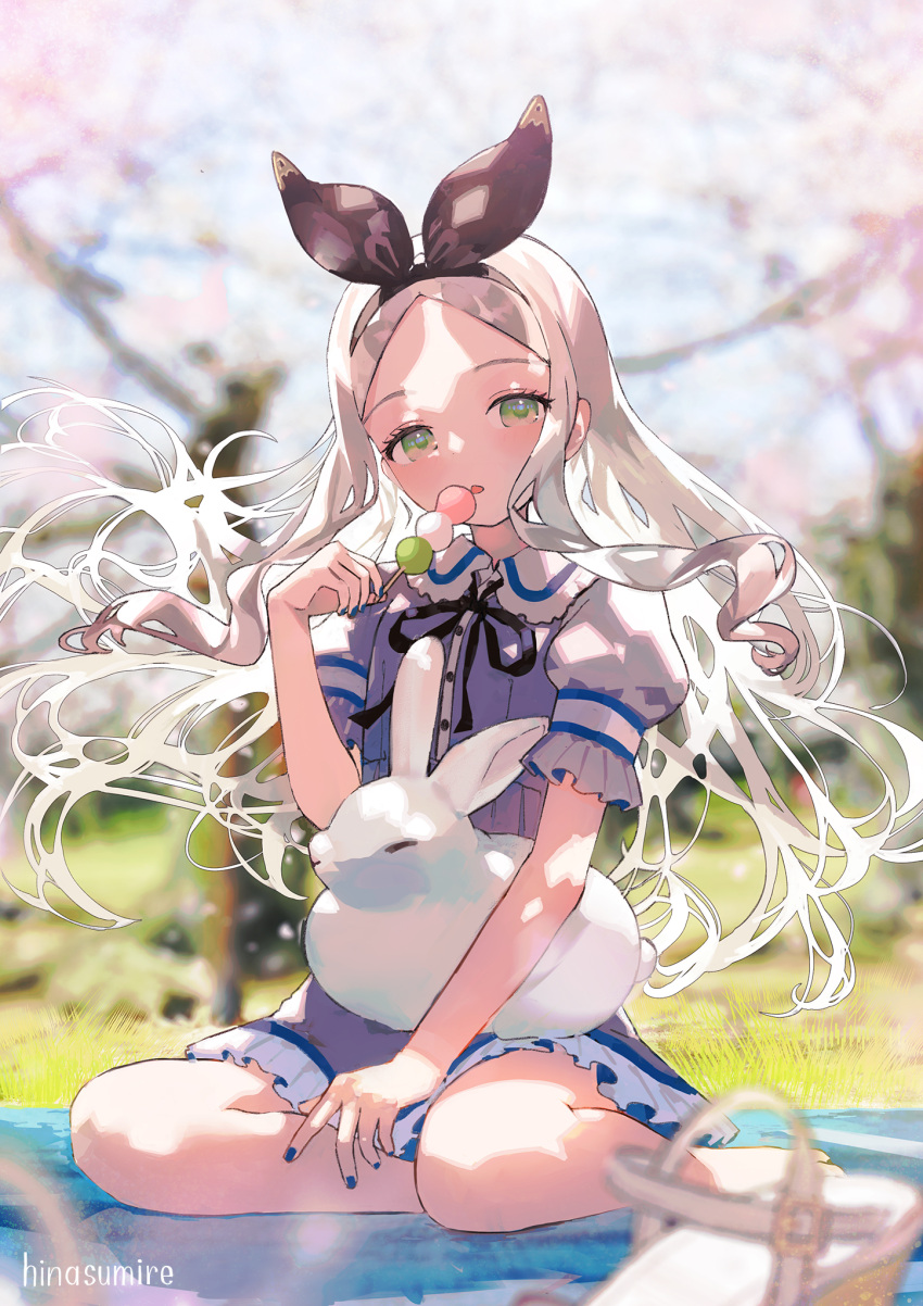 1girl artist_name ashelia_(vtuber) bangs barefoot black_bow black_hairband black_neckwear black_ribbon blue_nails blurry blurry_background blurry_foreground bow bow_hairband bunny collared_dress commentary_request commission dango day depth_of_field dress food footwear_removed frilled_dress frilled_sleeves frills full_body grass green_eyes hairband highres hinasumire holding holding_food holding_skewer indie_virtual_youtuber light_blush long_hair looking_at_viewer multiple_sources neck_ribbon outdoors parted_bangs parted_lips puffy_short_sleeves puffy_sleeves ribbon sandals sanshoku_dango shoes_removed short_sleeves sidelocks sitting skeb_commission solo tree virtual_youtuber wagashi wariza watermark wing_collar