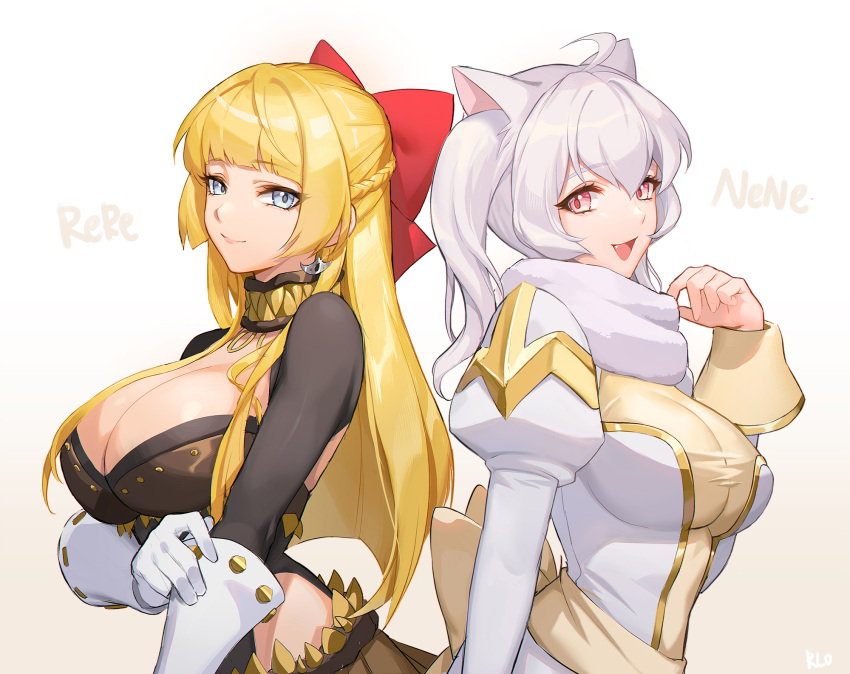 2girls ahoge alternate_color animal_ears bangs blonde_hair blue_eyes blunt_bangs bow braid breasts brown_skirt cat_ears character_name chinese_commentary cleavage closed_mouth commentary_request cross dress earrings eyebrows_visible_through_hair fang french_braid genetic_(ragnarok_online) gloves hair_between_eyes hair_bow high_priest_(ragnarok_online) highres jewelry juliet_sleeves large_breasts long_hair long_sleeves looking_at_viewer multiple_girls open_mouth pink_eyes puffy_sleeves ragnarok_online red_bow sanonorekurlo sash shrug_(clothing) simple_background skirt smile two-tone_dress upper_body white_background white_dress white_gloves white_hair yellow_dress yellow_sash