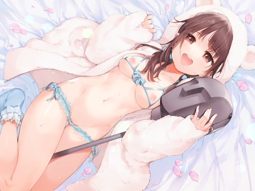 1girl :d aihara_shouta animal_hood bangs blue_bow blue_bra blue_legwear blue_panties blue_ribbon blush bow bow_bra bra breasts brown_eyes brown_hair collarbone cupless_bra eyebrows_visible_through_hair fingernails frilled_panties frills fur-trimmed_hood fur_trim hair_ribbon halter_top halterneck highres hood hood_up hoodie lingerie long_hair looking_at_viewer low_twintails lying medium_breasts nippleless_clothes nipples non-web_source on_back open_clothes open_hoodie open_mouth original panties ribbon short_twintails side-tie_panties skindentation smile socks solo string_bra string_panties twintails underwear upper_teeth