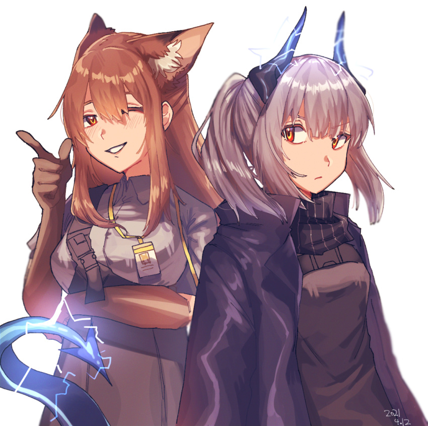 2girls animal_ear_fluff animal_ears annoyed arknights bangs black_jacket black_scarf black_shirt black_skirt brown_gloves chest_harness closed_mouth commentary_request dated dragon_horns dragon_tail elbow_gloves electricity extra_ears finger_gun fox_ears franka_(arknights) gloves grey_shirt hair_over_one_eye hand_up harness horns id_card jacket kawaii_inu5 lanyard light_blush liskarm_(arknights) long_hair looking_at_another multiple_girls one_eye_closed open_clothes open_jacket orange_eyes orange_hair parted_lips ponytail scarf shirt sidelocks silver_hair simple_background skirt tail teeth upper_body white_background