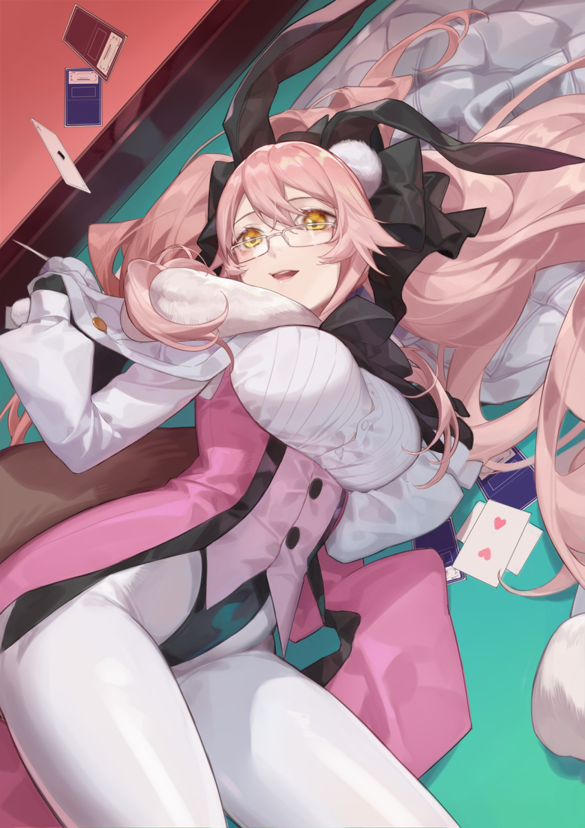 1girl animal_ear_fluff animal_ears bangs black_bow black_gloves blush bow breasts card cloak coattails collared_shirt corset dress_shirt fate/grand_order fate_(series) fox_tail fur-trimmed_cloak fur_trim glasses gloves hair_between_eyes hair_bow highres koyanskaya_(fate) large_breasts long_hair long_sleeves looking_at_viewer open_mouth pantyhose pink_hair playing_card rabbit_ears red_cucumber shirt sidelocks smile solo tail tamamo_(fate)_(all) thighs twintails underbust white_cloak white_legwear white_shirt yellow_eyes