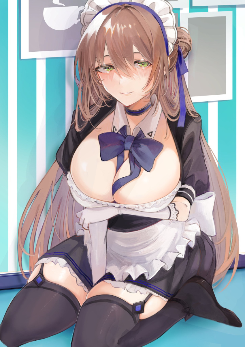 1girl aaoshigatoutoi alternate_costume between_breasts between_legs blush bow breasts brown_hair cleavage enmaided garter_straps girls'_frontline gloves green_eyes hand_between_legs highres indoors kneeling large_breasts long_hair looking_at_viewer maid maid_headdress parted_lips solo springfield_(girls'_frontline) thighhighs two-tone_dress very_long_hair white_gloves