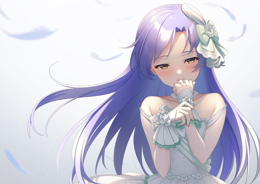 1girl blue_hair blush commentary detached_collar dress dress_flower feathers flower gradient gradient_background hair_flower hair_ornament highres idolmaster idolmaster_(classic) idolmaster_million_live! idolmaster_million_live!_theater_days kisaragi_chihaya long_hair looking_down mikapoe solo wedding_dress white_dress wrist_cuffs yellow_eyes