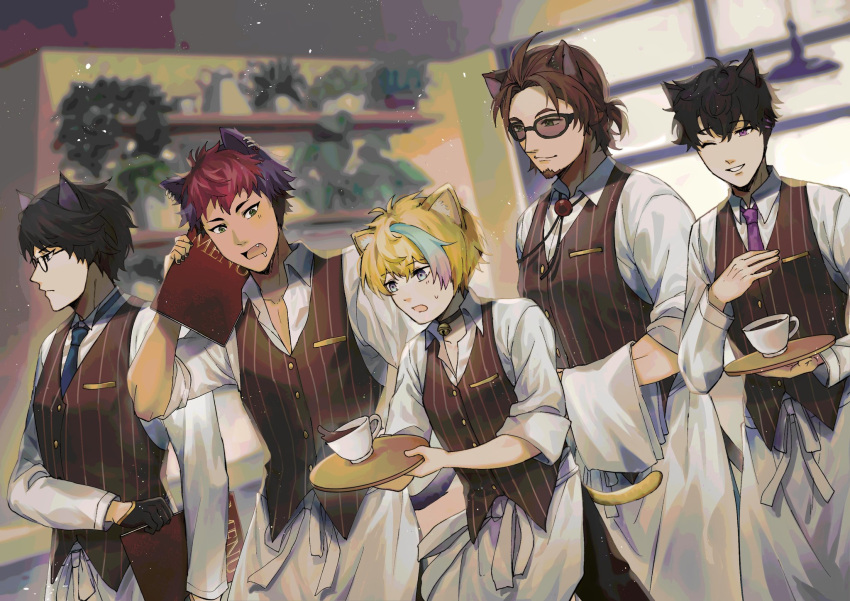 5boys animal_ears apron black_choker black_hair black_pants blonde_hair blue_neckwear bonnivier_pranaja brown_vest cafe cat_boy cat_ears choker coffee collared_shirt cup fang gradient_hair green_hair highres holding holding_tray kemonomimi_mode looking_ahead male_focus multicolored_hair multiple_boys necktie nekopara nekopara_-_catboys_paradise nijisanji nijisanji_id one_eye_closed pants pink_hair purple_hair rai_galilei red_hair reza_avanluna riksa_dhirendra shirt smile sunglasses taka_radjiman tied_hair tray uniform vest virtual_youtuber white_shirt yakksan