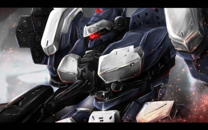 armored_core cyclops glowing glowing_eye glowing_eyes highres holding holding_weapon machinery mecha nekominase no_humans one-eyed out_of_frame red_eyes science_fiction sketch sparks upper_body weapon