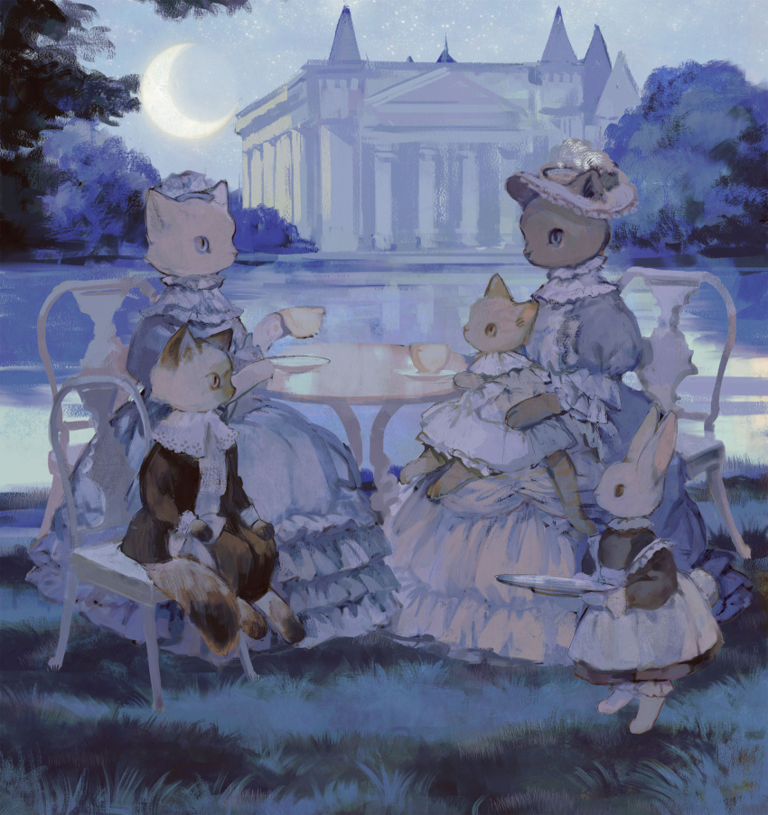 animal animal_focus apron black_dress black_jacket black_pants blue_eyes building bunny cat chair clothed_animal cup dress frilled_dress frilled_shirt_collar frills full_body hat headband highres holding holding_cup jacket kitten long_sleeves maid moon moonlight night night_sky no_humans original outdoors pants pond puffy_sleeves shirt sitting sitting_on_lap sitting_on_person sky table teacup tono_(rt0no) tray tree water white_apron white_cat white_dress white_shirt yellow_eyes