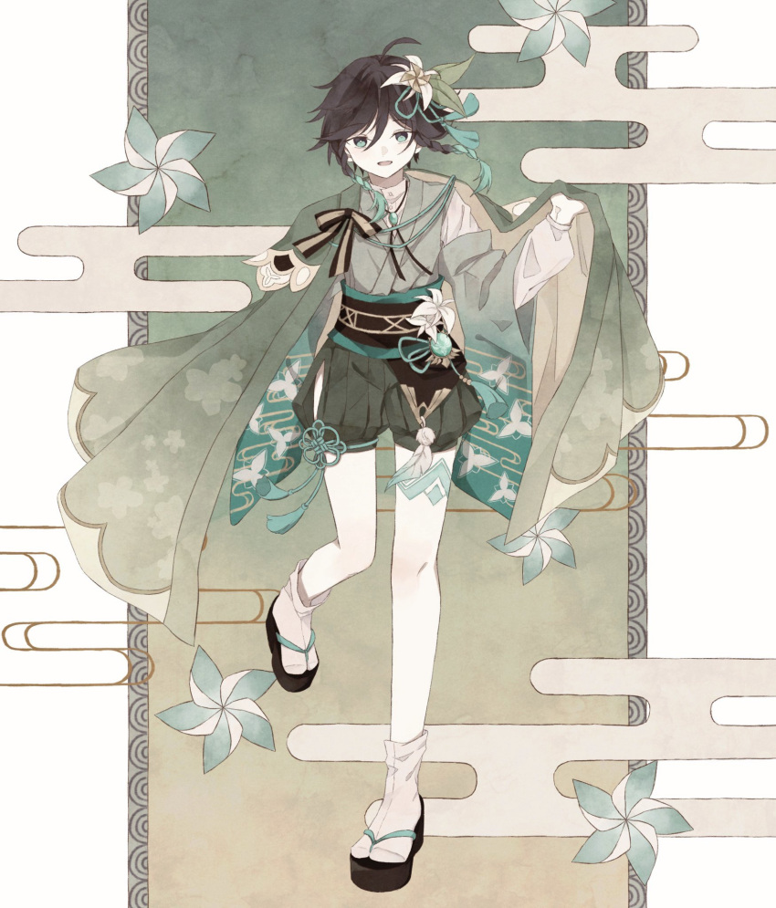 1boy androgynous bangs black_hair blue_hair bow braid cape egasumi eyebrows_visible_through_hair feathers floral_background flower full_body genshin_impact gradient_hair green_eyes green_shorts hair_flower hair_ornament highres holding holding_cape leaf long_sleeves looking_at_viewer male_focus multicolored_hair open_mouth pinwheel short_hair_with_long_locks shorts sidelocks simple_background slippers smile socks solo tassel twin_braids venti_(genshin_impact) vision_(genshin_impact) wan_wa0 white_flower white_legwear
