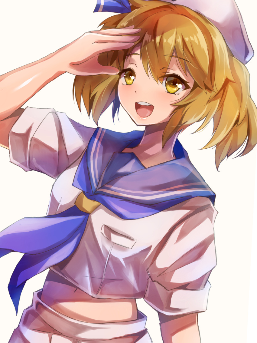 1girl aozora_meguru arm_up bangs blonde_hair blue_neckwear blue_ribbon breasts collar eyebrows_visible_through_hair hair_between_eyes hair_ribbon hand_up hat highres holding kitashirakawa_chiyuri looking_at_viewer medium_breasts open_mouth ribbon sailor_collar sailor_shirt shirt short_hair short_sleeves short_twintails shorts simple_background smile solo touhou touhou_(pc-98) twintails white_background white_headwear white_shirt white_shorts yellow_eyes