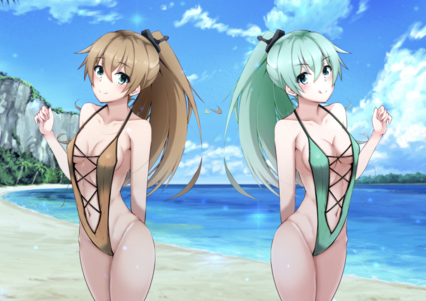 2girls absurdres alternate_costume alternate_hairstyle aqua_eyes aqua_hair beach blue_eyes blue_sky breasts brown_hair brown_swimsuit casual_one-piece_swimsuit cleavage cloud cowboy_shot day green_swimsuit hair_ornament hairclip highres honma_(honmatomohiro) kantai_collection kumano_(kancolle) long_hair looking_at_viewer medium_breasts multiple_girls navel one-piece_swimsuit outdoors ponytail sky slingshot_swimsuit small_breasts smile standing suzuya_(kancolle) swimsuit tongue tongue_out