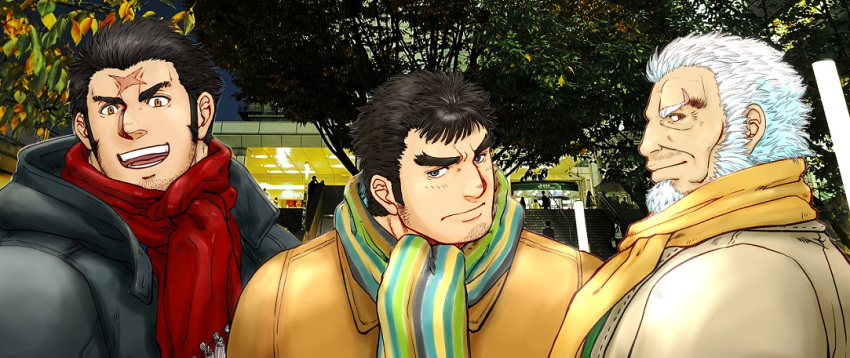3boys bara blush character_request coat eyebrow_cut facial_hair goatee houzouin_oniwaka kengo_(tokyo_houkago_summoners) kumagamike long_sideburns looking_at_viewer male_focus mature_male multiple_boys old old_man photo_background scar_on_forehead scarf short_hair sideburns smile stubble tokyo_houkago_summoners upper_body winter_clothes