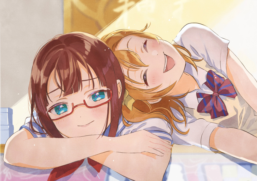 2girls absurdres aqua_eyes blush bow bowtie brown_hair closed_eyes closed_mouth commentary_request glasses highres kousaka_honoka kousaka_yukiho love_live! love_live!_school_idol_project lying multiple_girls on_stomach open_mouth orange_hair otonokizaka_school_uniform red-framed_eyewear red_neckwear school_uniform serafuku short_hair short_sleeves siblings sisters smile striped striped_neckwear tunamayo319 upper_teeth