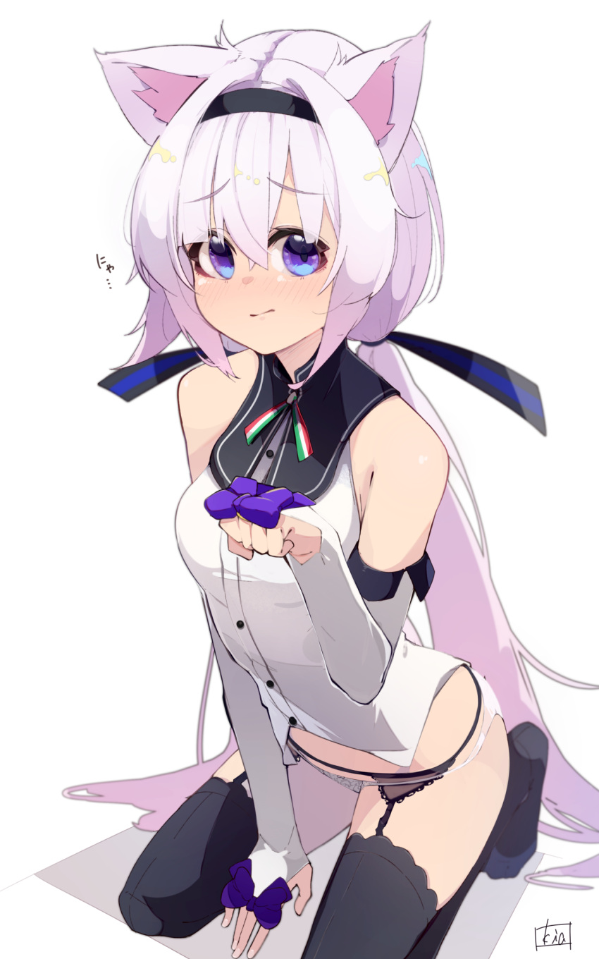 .live 1girl animal_ears blush bottomless breasts carro_pino cat_ears commentary_request detached_sleeves garter_belt hair_between_eyes headband highres kia_0088 kneeling long_hair paw_pose purple_eyes purple_hair signature simple_background sleeveless small_breasts solo thighhighs virtual_youtuber white_background