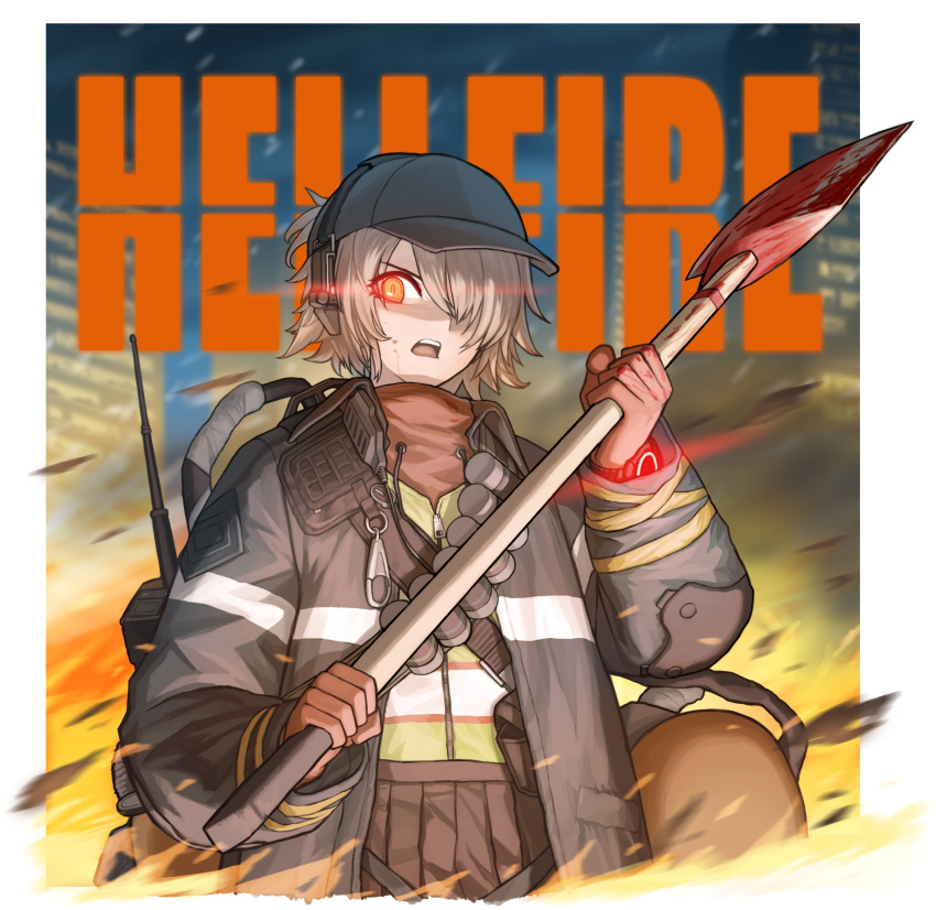 1girl axe baseball_cap blood blood_on_face bloody_axe building character_name cheogtanbyeong commentary_request english_text fire fire_axe girls'_frontline gloves glowing glowing_eye hair_over_one_eye hat highres holding holding_axe light_brown_hair looking_at_viewer open_mouth outdoors red_eyes rogue_division_agent short_hair solo tom_clancy's_the_division upper_body vector_(girls'_frontline) vector_(hellfire)_(girls'_frontline)