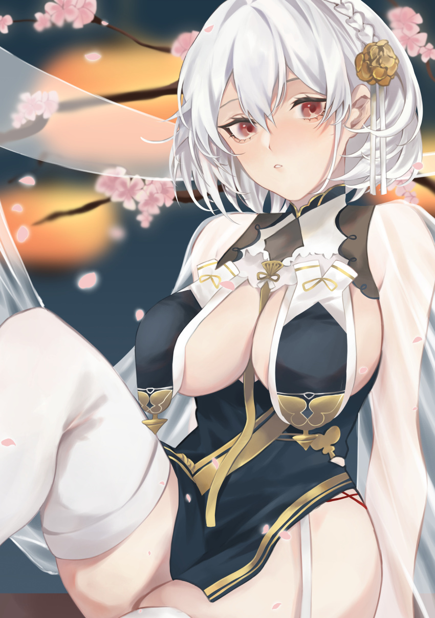 1girl absurdres azur_lane braid branch breast_curtains breasts cherry_blossoms china_dress chinese_clothes dress flower garter_straps grey_dress hair_between_eyes highres karen_ngao large_breasts looking_at_viewer neckwear_between_breasts official_alternate_costume parted_lips pelvic_curtain pink_flower red_eyes revealing_clothes see-through_sleeves sheer_clothes sirius_(azur_lane) sirius_(azure_horizons)_(azur_lane) sitting skindentation solo white_hair white_legwear