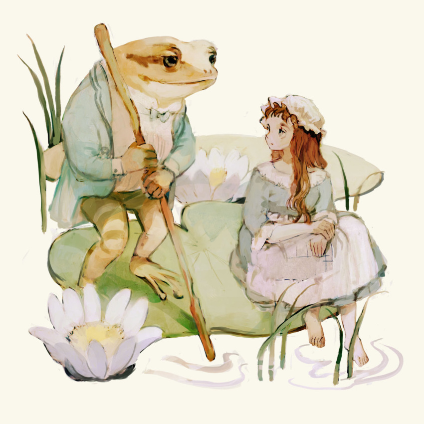 1girl animal apron bangs barefoot blue_dress bow bowtie brown_hair clothed_animal dress flower frog hands_together hat highres holding holding_stick jacket lily_pad long_hair long_sleeves looking_at_another lotus mob_cap original shirt simple_background sitting standing stick tono_(rt0no) walking_stick white_apron white_background white_shirt