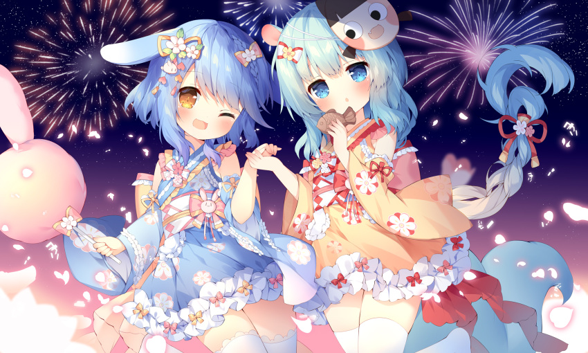 2girls :o ;d aerial_fireworks animal_ears azur_lane bangs bare_shoulders blue_eyes blue_hair blue_kimono blue_sleeves blush braid bunny character_mask chocolate commentary_request cotton_candy cowboy_shot detached_sleeves dress eyebrows_visible_through_hair festival fireworks fish floral_print food frilled_kimono frills green_hair hair_between_eyes hair_ornament highres holding holding_food holding_hands japanese_clothes kimono lace long_hair long_sleeves looking_at_viewer mask mask_on_head mikazuki_(azur_lane) minazuki_(azur_lane) multiple_girls mutsuki_face night one_eye_closed open_mouth partial_commentary petals pink_ribbon rabbit_ears red_ribbon ribbed_dress ribbon short_kimono sidelocks skindentation sleeveless sleeveless_kimono smile squirrel_ears squirrel_tail standing tail taiyaki thighhighs thighs tsukimi_(xiaohuasan) very_long_hair wagashi white_legwear yellow_kimono yellow_ribbon yellow_sleeves yukata zettai_ryouiki