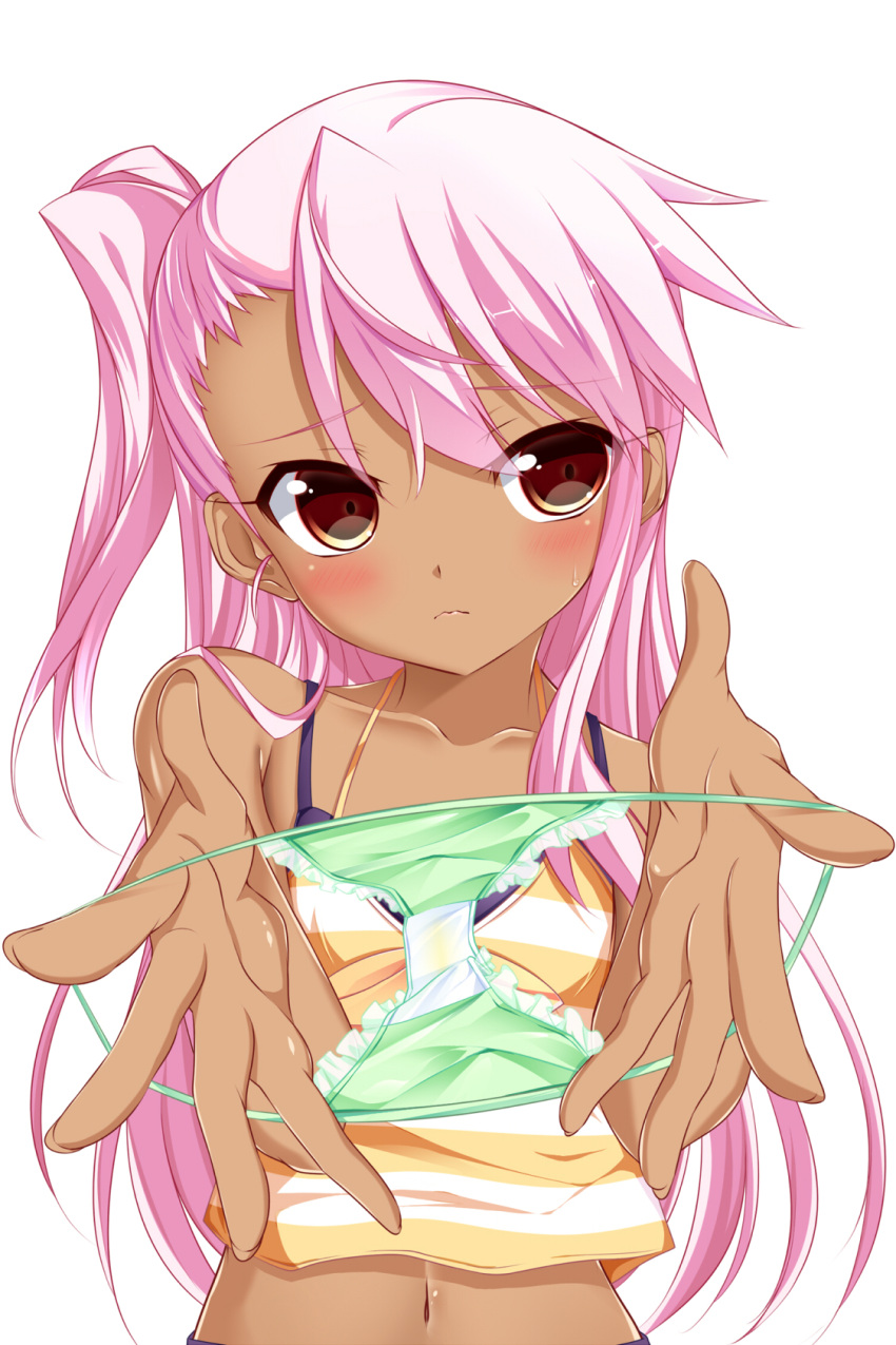 1girl :3 blush bow bra camisole cat's_cradle chloe_von_einzbern closed_mouth collarbone commentary_request dark-skinned_female dark_skin eyebrows_visible_through_hair face fate/kaleid_liner_prisma_illya fate_(series) flat_chest green_panties halterneck highres holding holding_clothes holding_panties holding_underwear horizontal_stripes long_hair looking_at_viewer navel noumin one_side_up orange_bow orange_camisole orange_eyes outstretched_arms outstretched_hand panties panties_removed pink_hair presenting_panties reaching_out red_eyes simple_background smile solo striped striped_camisole striped_panties underwear very_long_hair white_background