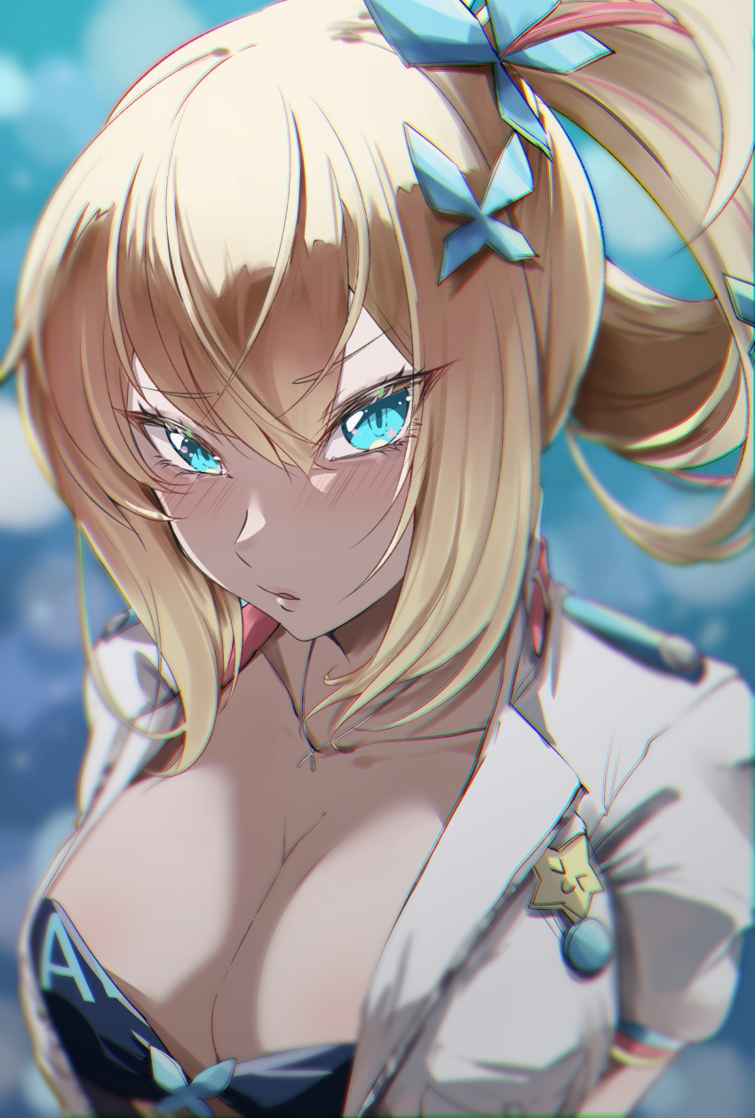 1girl bangs bikini bikini_top black_bikini blonde_hair blue_eyes breasts butterfly_hair_ornament collarbone eyebrows_visible_through_hair hair_between_eyes hair_ornament highres jacket large_breasts long_hair looking_at_viewer mirai_akari mirai_akari_project multicolored_hair parted_lips pink_hair puffy_short_sleeves puffy_sleeves short_sleeves side_ponytail solo star_(symbol) streaked_hair swimsuit tsurime tyokon-gohan upper_body virtual_youtuber white_jacket