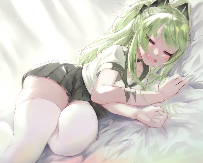 1girl absurdres alternate_costume bed_sheet black_sailor_collar black_skirt blush choker closed_eyes commentary_request drooling fang girls'_frontline green_hair green_nails headgear highres long_hair lying m950a_(girls'_frontline) mod3_(girls'_frontline) nail_polish on_side open_mouth sailor_collar school_uniform serafuku short_sleeves skindentation skirt sleeping solo thick_thighs thighhighs thighs torriet twintails white_legwear