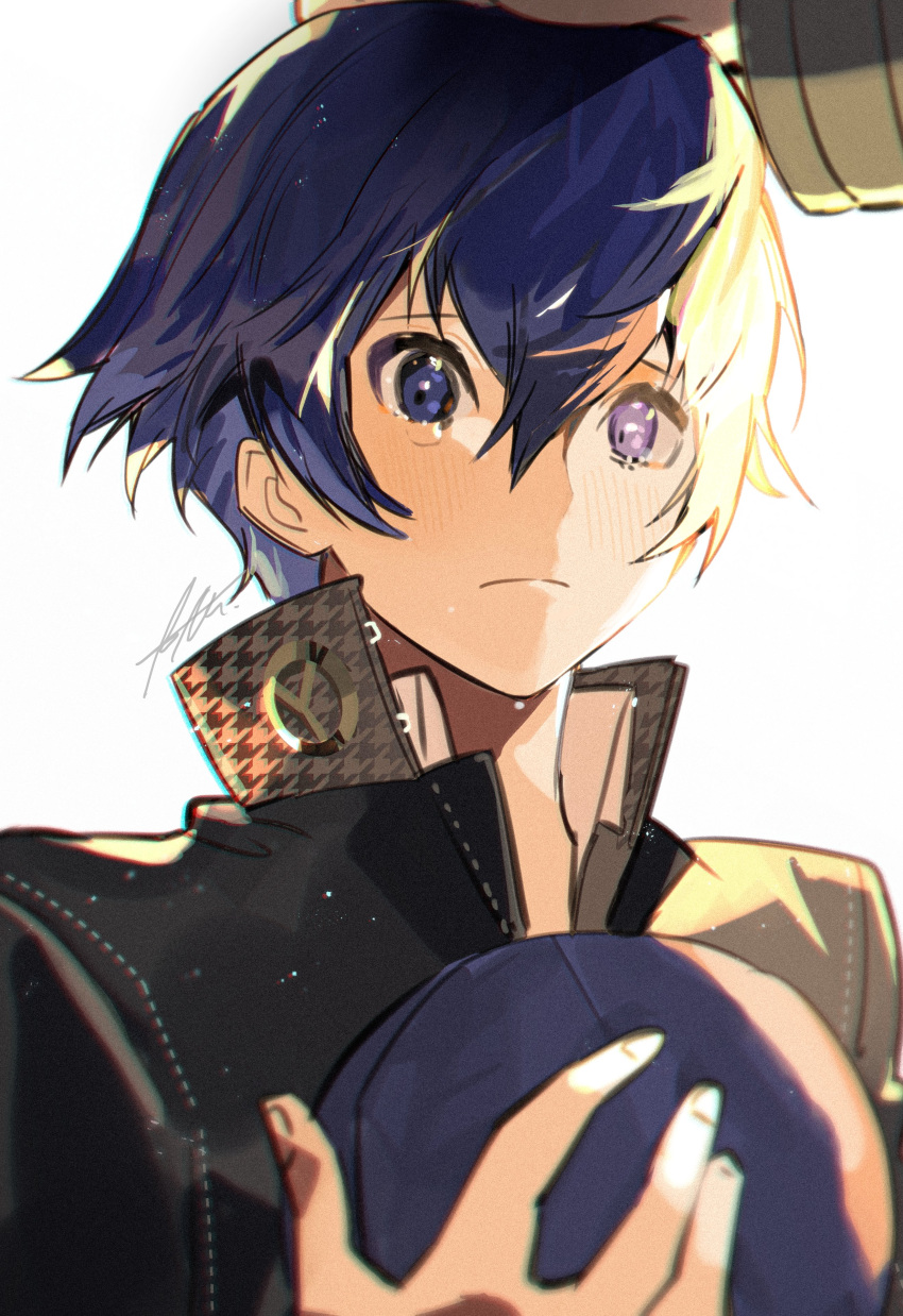 1girl absurdres androgynous bangs black_jacket blue_eyes blue_hair blue_headwear blush btmr_game closed_mouth hair_between_eyes hat headpat heterochromia high_collar highres holding holding_clothes holding_hat jacket persona persona_4 purple_eyes school_uniform shirogane_naoto short_hair signature simple_background tears white_background yasogami_school_uniform