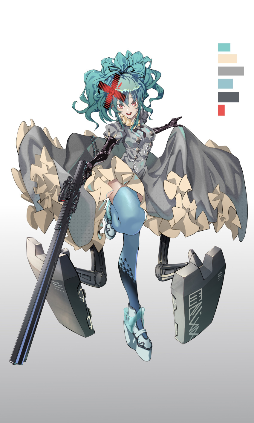 1girl absurdres bangs blue_footwear blue_hair blue_legwear color_guide dress floating_hair grey_dress gun hair_ornament highres holding holding_gun holding_weapon looking_at_viewer mecha_musume mechanical_arms open_hand open_mouth original pink_eyes platform_footwear platform_heels ponytail rifle scope shield smile sniper_rifle solo standing standing_on_one_leg thighhighs weapon zinz