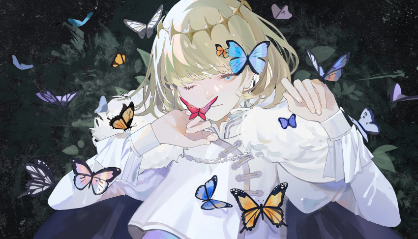 1boy absurdres bangs black_background blonde_hair blue_butterfly blue_eyes bug butterfly commentary diamond_hairband eyelashes fate/grand_order fate_(series) floral_print hands_up highres huge_filesize insect light_smile long_sleeves looking_at_viewer male_focus oberon_(fate) one_eye_closed parai0 purple_butterfly red_butterfly shirt short_hair simple_background solo spoilers upper_body white_butterfly white_shirt yellow_butterfly