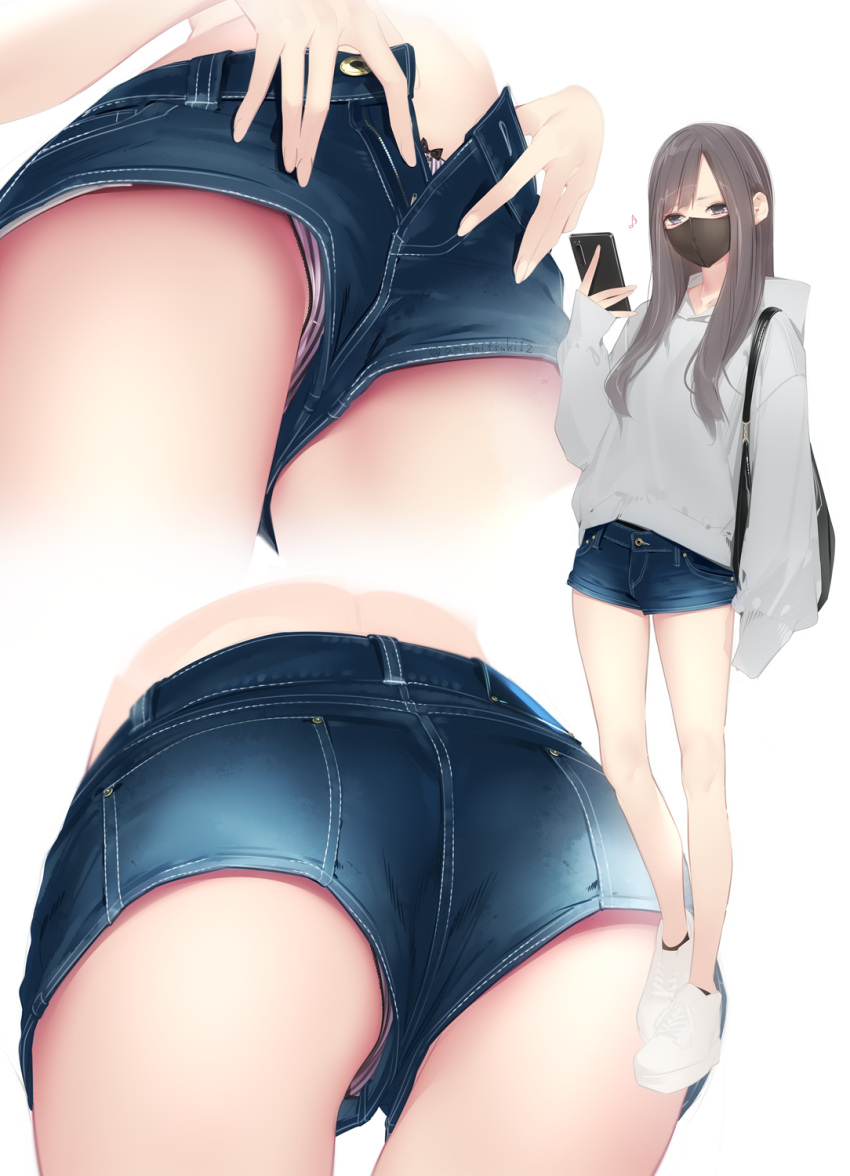1girl ama_mitsuki ass bag bare_legs breasts brown_eyes brown_hair commentary_request denim denim_shorts eighth_note full_body grey_sweater handbag highres holding holding_phone long_hair long_sleeves mask mouth_mask multiple_views musical_note open_clothes open_fly open_shorts original panties phone pink_panties platform_footwear short_shorts shorts shoulder_bag simple_background sleeves_past_wrists small_breasts standing striped sweater twitter_username underwear undressing upshorts vertical-striped_panties vertical_stripes white_background white_footwear