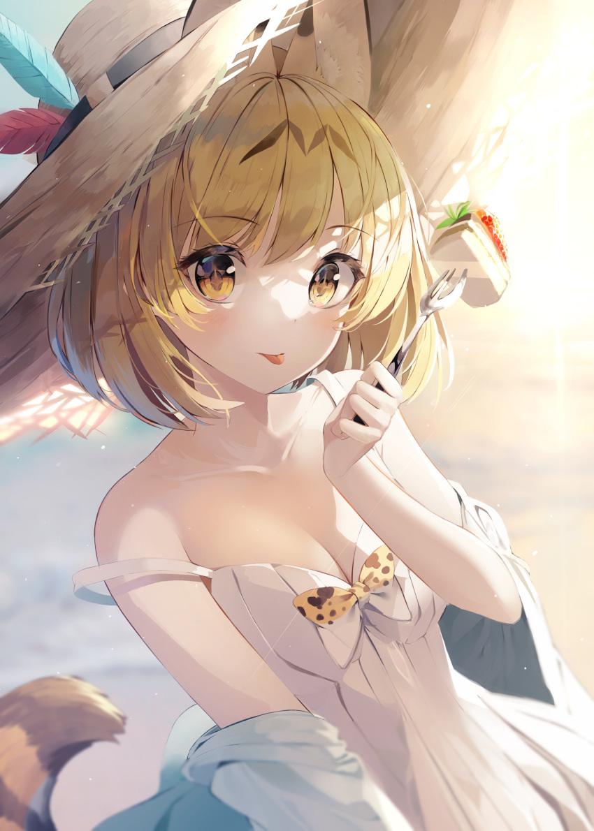 1girl absurdres animal_ears animal_ears_(artist) blonde_hair blue_shirt breasts cake cleavage collarbone commentary dress eyebrows_visible_through_hair food fork hat hat_feather highres holding holding_fork kemono_friends light_rays looking_at_viewer medium_breasts off_shoulder serval_(kemono_friends) serval_print shirt short_hair solo strap_slip sun_hat sunbeam sundress sunlight tail tongue tongue_out upper_body white_dress yellow_eyes