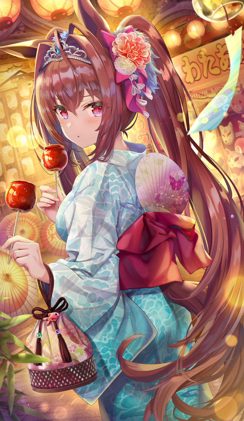 1girl :o ahoge animal_ears bag bangs blue_kimono blush bow breasts brown_hair candy_apple commentary_request cowboy_shot daiwa_scarlet_(umamusume) eyebrows_visible_through_hair eyes_visible_through_hair festival food fox_mask from_behind hair_between_eyes hair_bow hair_intakes hand_fan highres holding holding_food horse_ears horse_girl horse_tail japanese_clothes kimono lantern leaf long_hair long_sleeves looking_at_viewer mask mask_removed oil-paper_umbrella outdoors paper_fan parted_lips pink_bow print_kimono red_eyes solo standing tail tiara torino_akua twintails uchiwa umamusume umbrella very_long_hair wind_chime