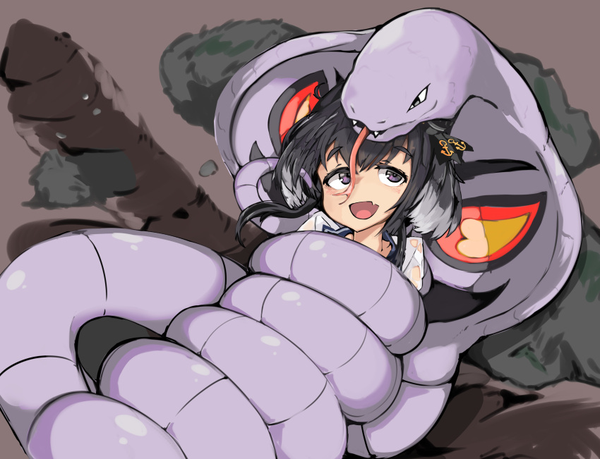 1girl albacrow_ill anchor_symbol arbok bangs black_hair blue_sailor_collar bound constriction crossover fang fangs gen_1_pokemon grey_hair hat highres kantai_collection mini_hat multicolored_hair open_mouth pokemon pokemon_(creature) purple_eyes sailor_collar short_hair_with_long_locks skin_fang tokitsukaze_(kancolle) tongue torn_clothes