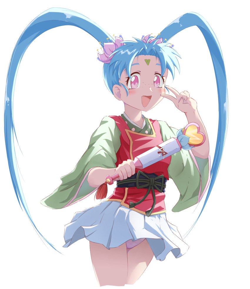 1990s_(style) 1girl :d absurdres arm_up blue_hair blush commentary english_commentary eyebrows facial_mark forehead forehead_mark freckles green_shirt heart highres holding holding_wand long_hair magical_girl mahou_shoujo_pretty_sammy masaki_sasami_jurai miniskirt open_mouth panties pink_eyes pink_panties pleated_skirt pretty_sammy_(character) red_shirt retro_artstyle shirt simple_background skirt smile solo standing tenchi_muyou! thighs twintails twintails_(mantids) underwear v very_long_hair wand white_background white_skirt wind wind_lift